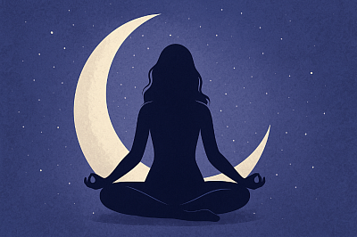 Meditasyon yapan kadın silueti, ay ve yıldızlı gece gökyüzü arka planında içsel dengeyi temsil ediyor. Zodivana’nın gölge çalışması, farkındalık ve ruhsal dönüşüm temasını simgeler.