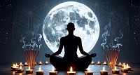 Full moon cleansing ritual setup with candle, sea salt, and sage for energy release and emotional purification.