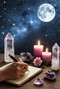 New moon manifestation ritual with journal, candle, and crystals used to set fresh intentions and goals.