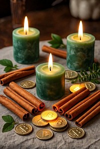 Abundance ritual with green candle, cinnamon, and wealth symbols to attract prosperity and success.