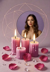 Love frequency ritual featuring pink candles, rose petals, and self-love affirmations for emotional healing.