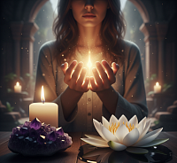 Healing ritual with amethyst crystal, white candle, and soft light symbolizing peace and spiritual recovery.